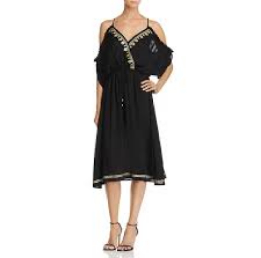 En creme black gold embroidered boho cold shoulder dress s nwt
